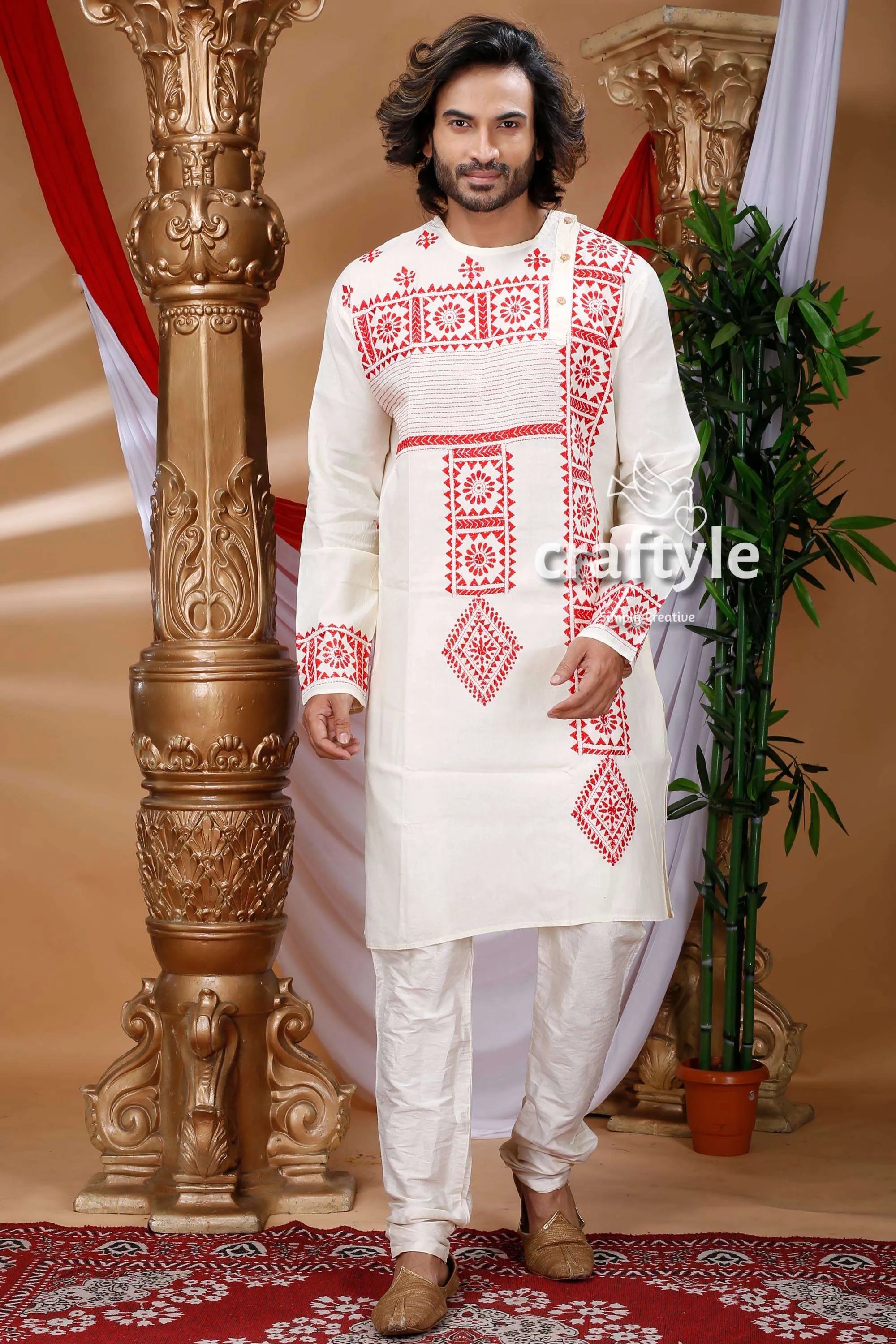 White &amp; red kantha work hand embroidered cotton kurta intricate embroidery 1