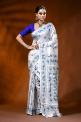 White silk kantha stitch saree with blue paisley floral motif 1