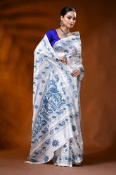 White silk kantha stitch saree with blue paisley floral motif 4