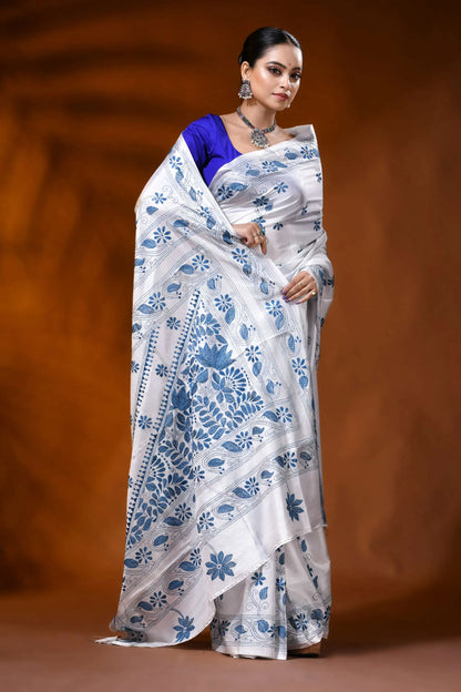 White silk kantha stitch saree with blue paisley floral motif 4