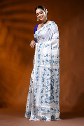 White silk kantha stitch saree with blue paisley floral motif 3