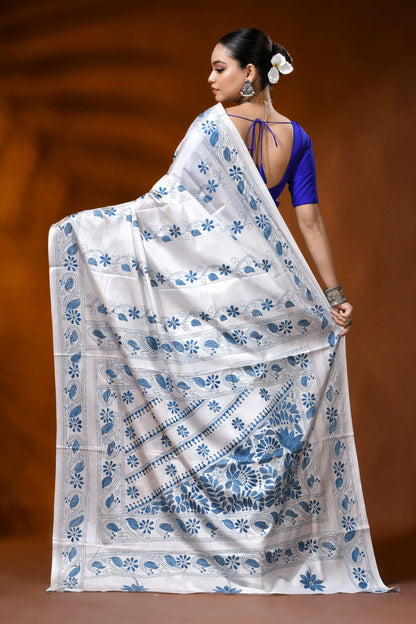 White silk kantha stitch saree with blue paisley floral motif 5