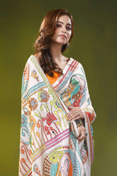 White silk kantha stitch saree with handcrafted fish floral motif 2
