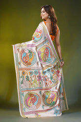 White silk kantha stitch saree with handcrafted fish floral motif 5