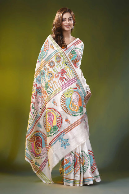 White silk kantha stitch saree with handcrafted fish floral motif 4