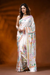 White silk kantha stitch saree with handcrafted peacock nature motif 6