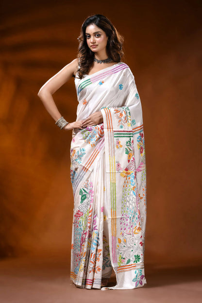 White silk kantha stitch saree with handcrafted peacock nature motif 1