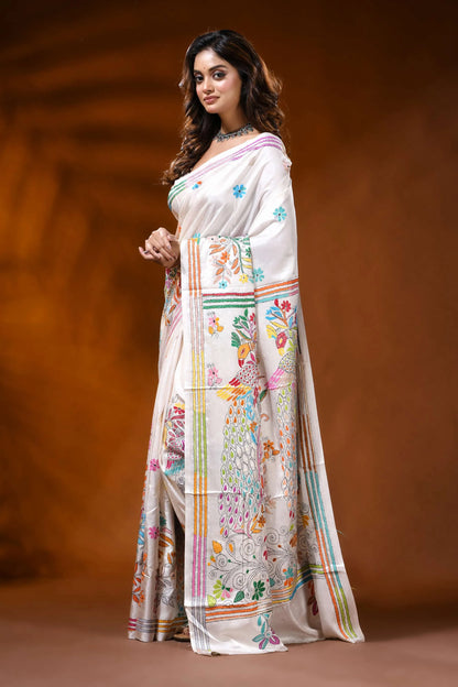 White silk kantha stitch saree with handcrafted peacock nature motif 3