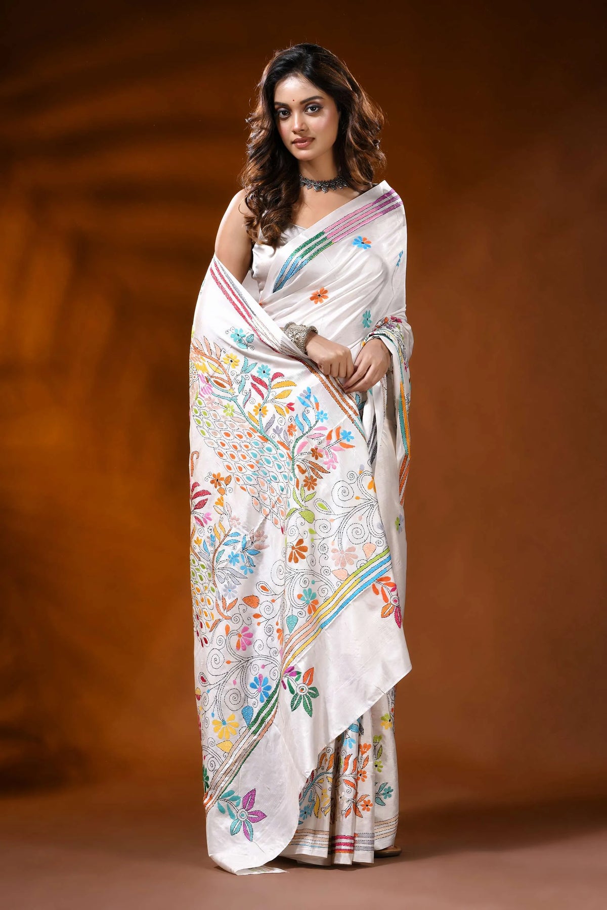 White silk kantha stitch saree with handcrafted peacock nature motif 4