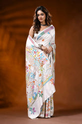White silk kantha stitch saree with handcrafted peacock nature motif 4