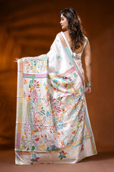 White silk kantha stitch saree with handcrafted peacock nature motif 5