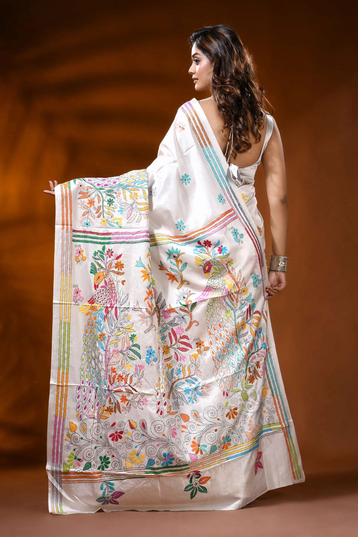 White silk kantha stitch saree with handcrafted peacock nature motif 5