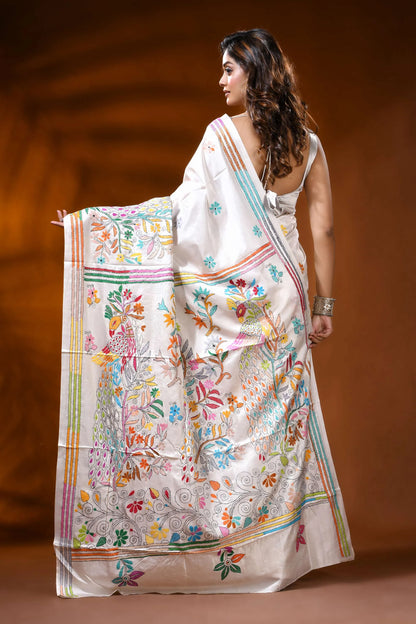 White silk kantha stitch saree with handcrafted peacock nature motif 5