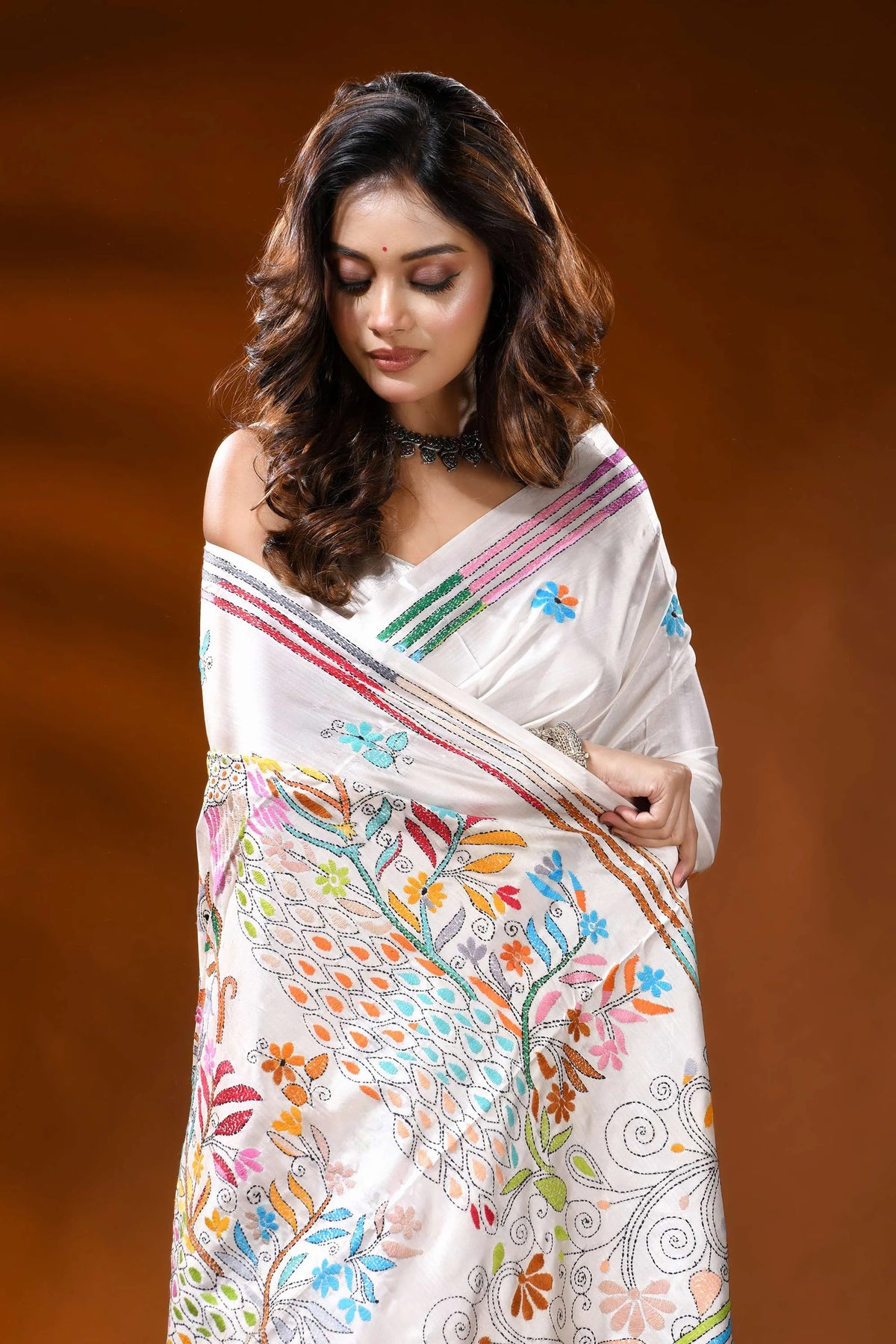 White silk kantha stitch saree with handcrafted peacock nature motif 2