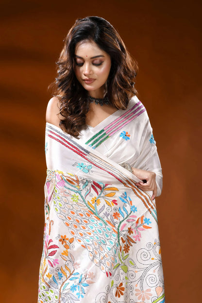 White silk kantha stitch saree with handcrafted peacock nature motif 2