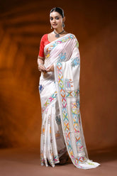 White silk kantha stitch saree with multicolor swan lotus nature motif 1
