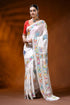 White silk kantha stitch saree with multicolor swan lotus nature motif 1