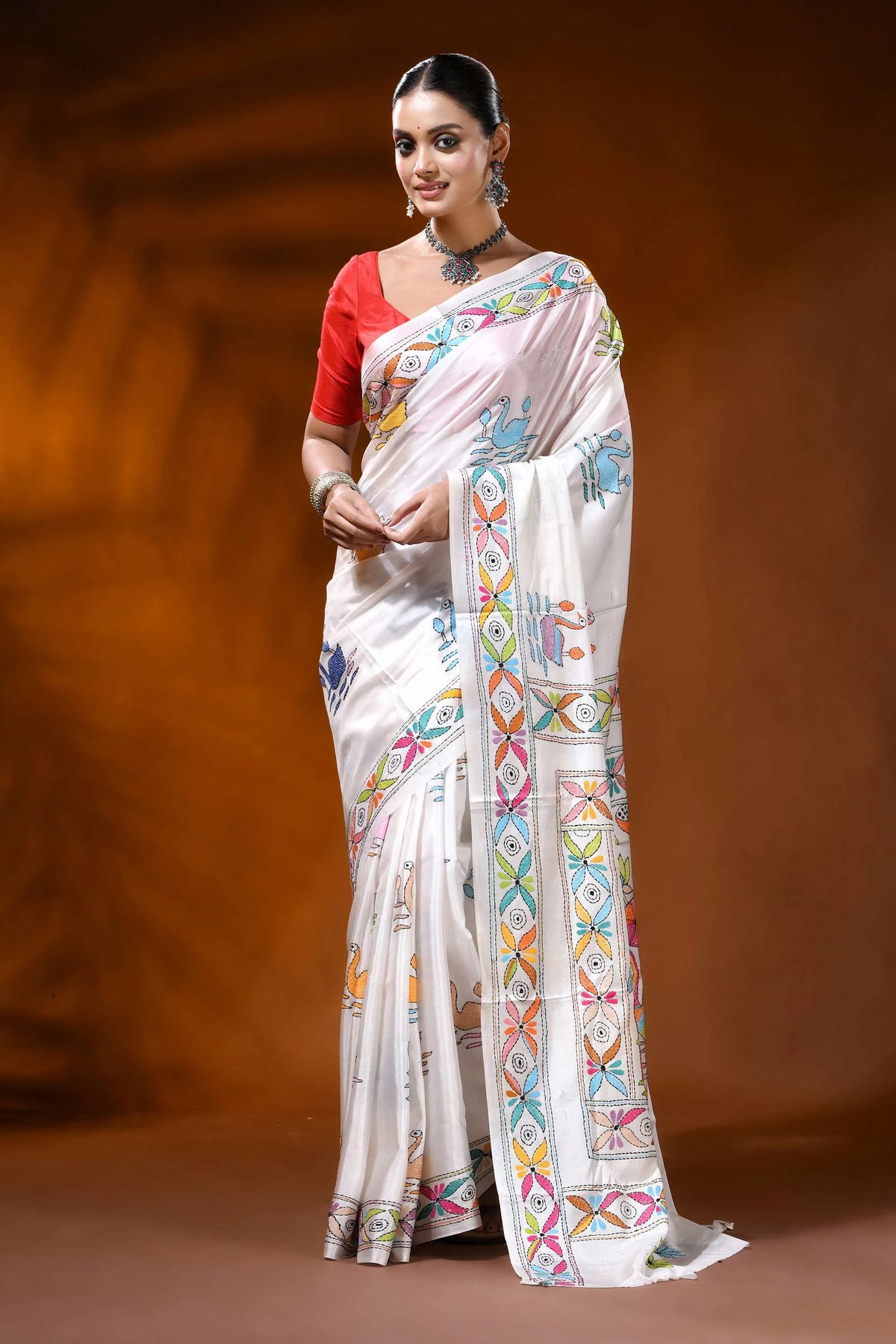 White silk kantha stitch saree with multicolor swan lotus nature motif 7