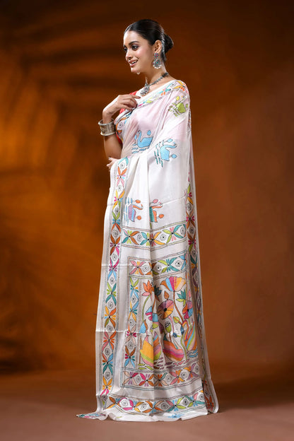 White silk kantha stitch saree with multicolor swan lotus nature motif 3