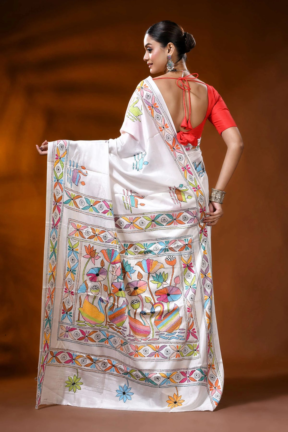 White silk kantha stitch saree with multicolor swan lotus nature motif 6