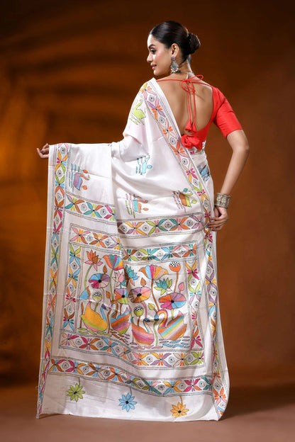 White silk kantha stitch saree with multicolor swan lotus nature motif 6
