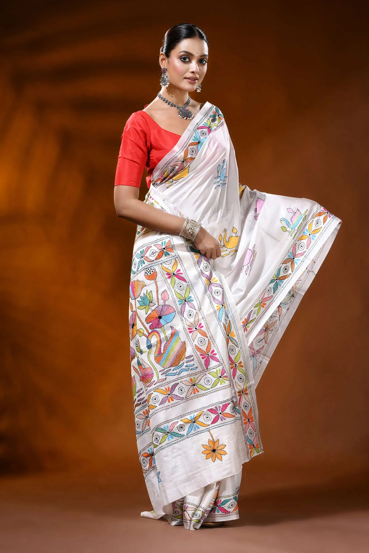 White silk kantha stitch saree with multicolor swan lotus nature motif 5