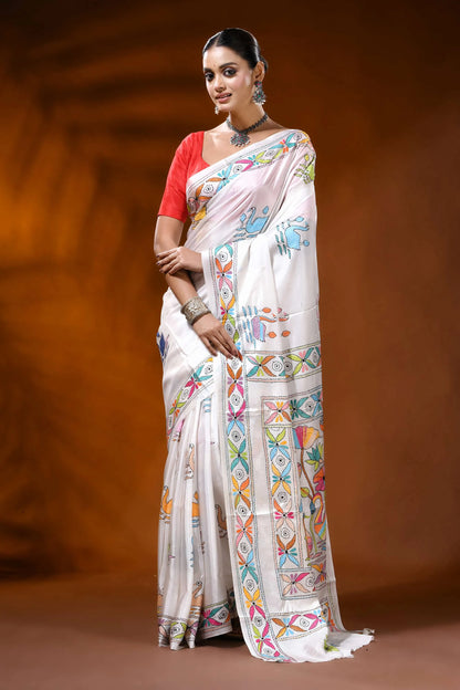 White silk kantha stitch saree with multicolor swan lotus nature motif 4