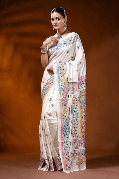 White silk kantha work saree with handmade paisley ethnic design 7
