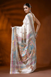 White silk kantha work saree with handmade paisley ethnic design 6