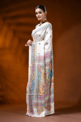 White silk kantha work saree with handmade paisley ethnic design 3