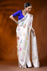 White silk kantha work saree with multicolor swan lotus design 4