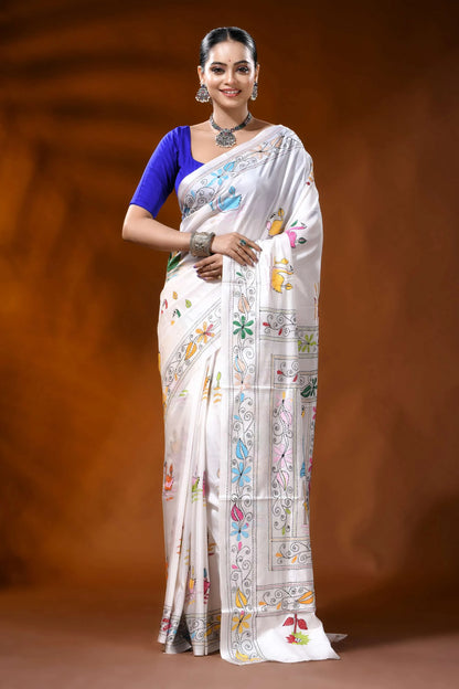 White silk kantha work saree with multicolor swan lotus design 1