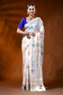 White silk kantha work saree with multicolor swan lotus design 1