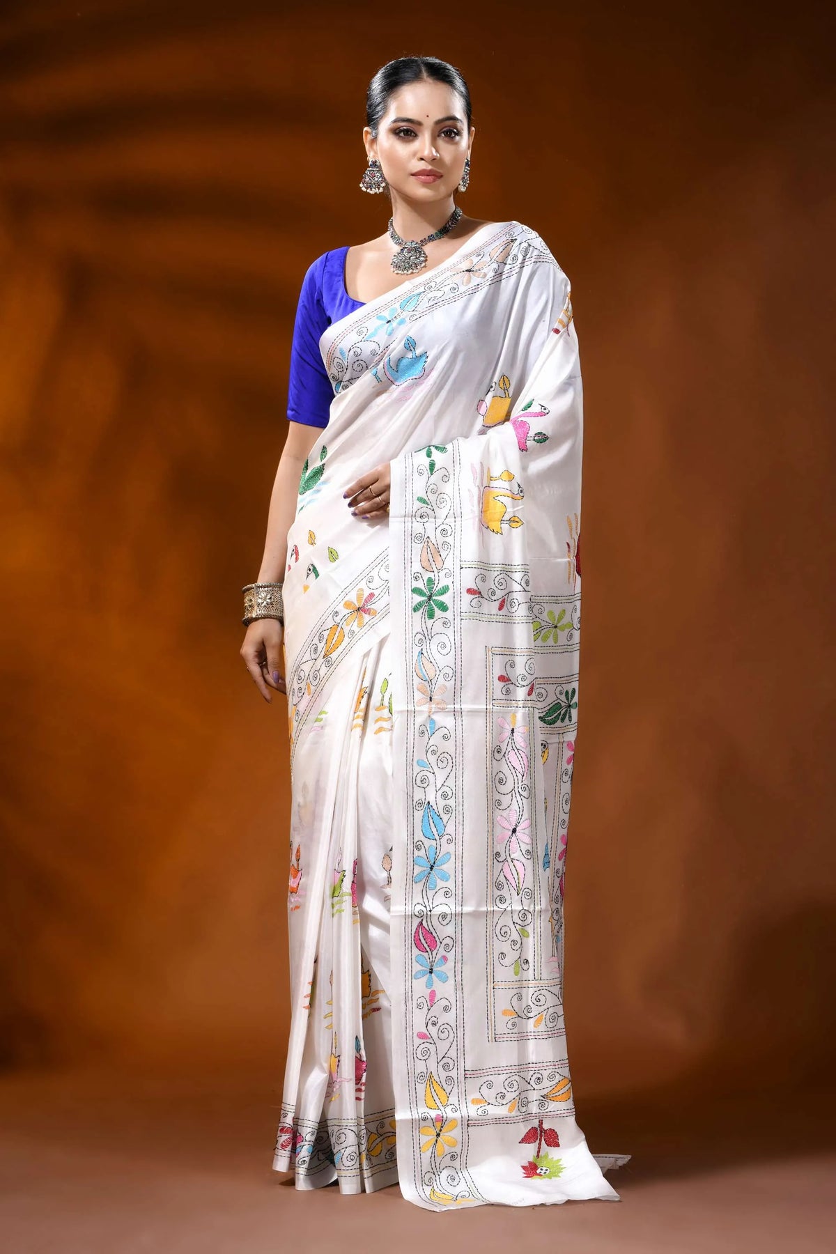 White silk kantha work saree with multicolor swan lotus design 6