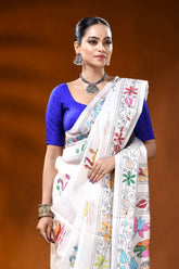 White silk kantha work saree with multicolor swan lotus design 2