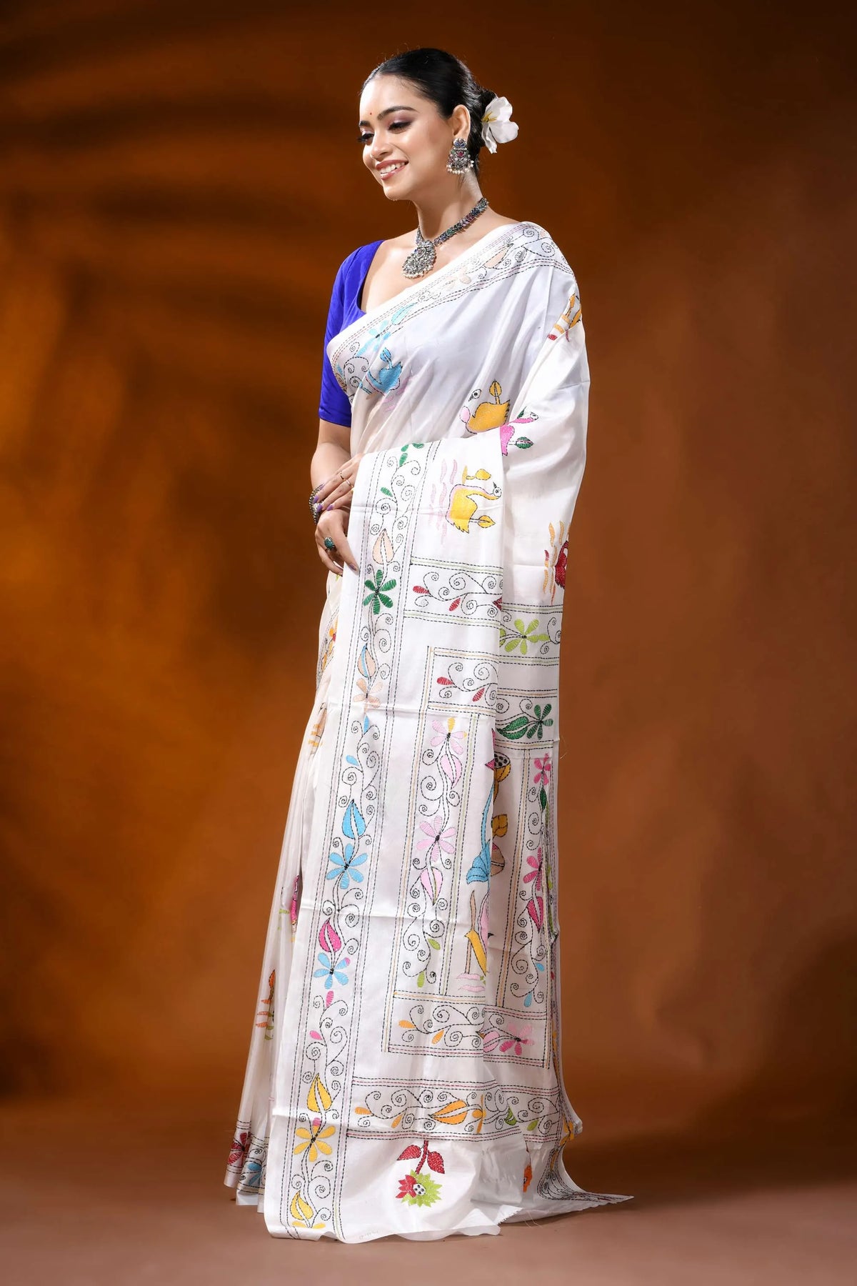 White silk kantha work saree with multicolor swan lotus design 3