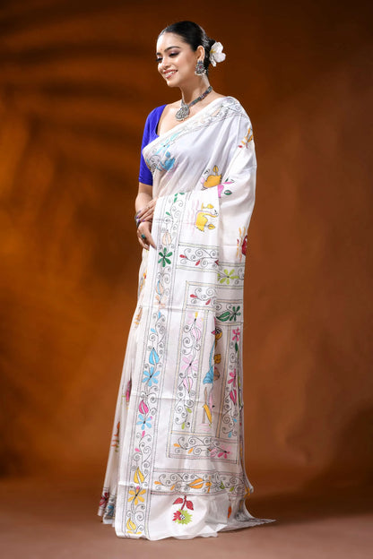 White silk kantha work saree with multicolor swan lotus design 3