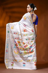 White silk kantha work saree with multicolor swan lotus design 5