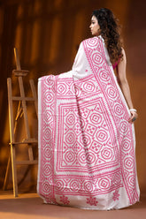 White silk kutch embroidery saree with handmade pink geometric design 4