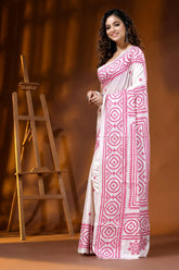 White silk kutch embroidery saree with handmade pink geometric design 3