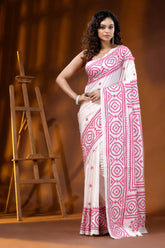 White silk kutch embroidery saree with handmade pink geometric design 1