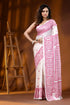 White silk kutch embroidery saree with handmade pink geometric design 1