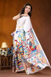 White swan motif multicolor hand embroidered kantha silk saree vibrant white saree adorned colorful 4