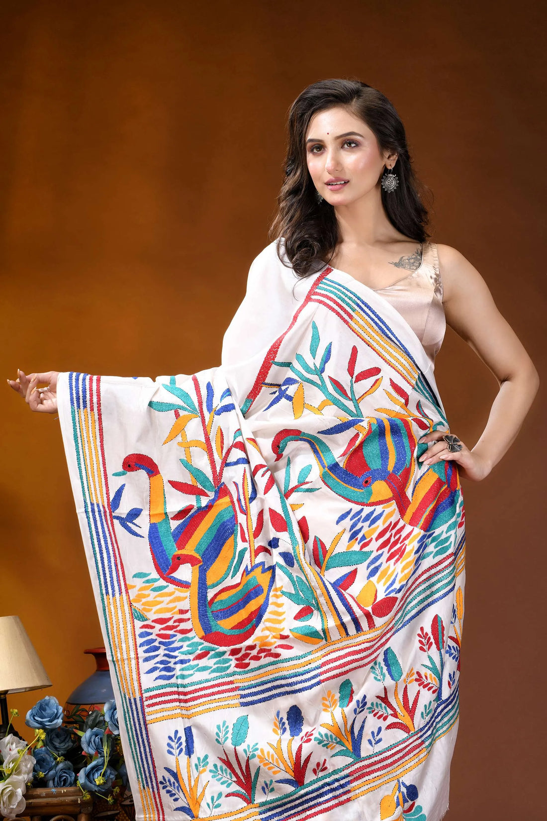 White swan motif multicolor hand embroidered kantha silk saree vibrant hand-embroidered white saree colorful 2