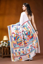 White swan motif multicolor hand embroidered kantha silk saree vibrant white saree adorned colorful 5