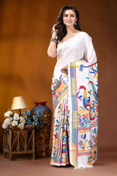 White swan motif multicolor hand embroidered kantha silk saree white saree adorned vibrant colorful 7