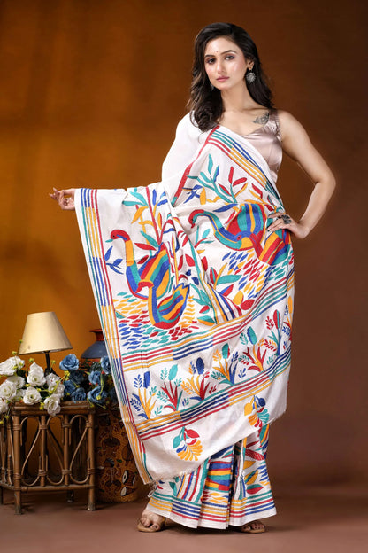 White swan motif multicolor hand embroidered kantha silk saree vibrant hand-embroidered white saree colorful 6