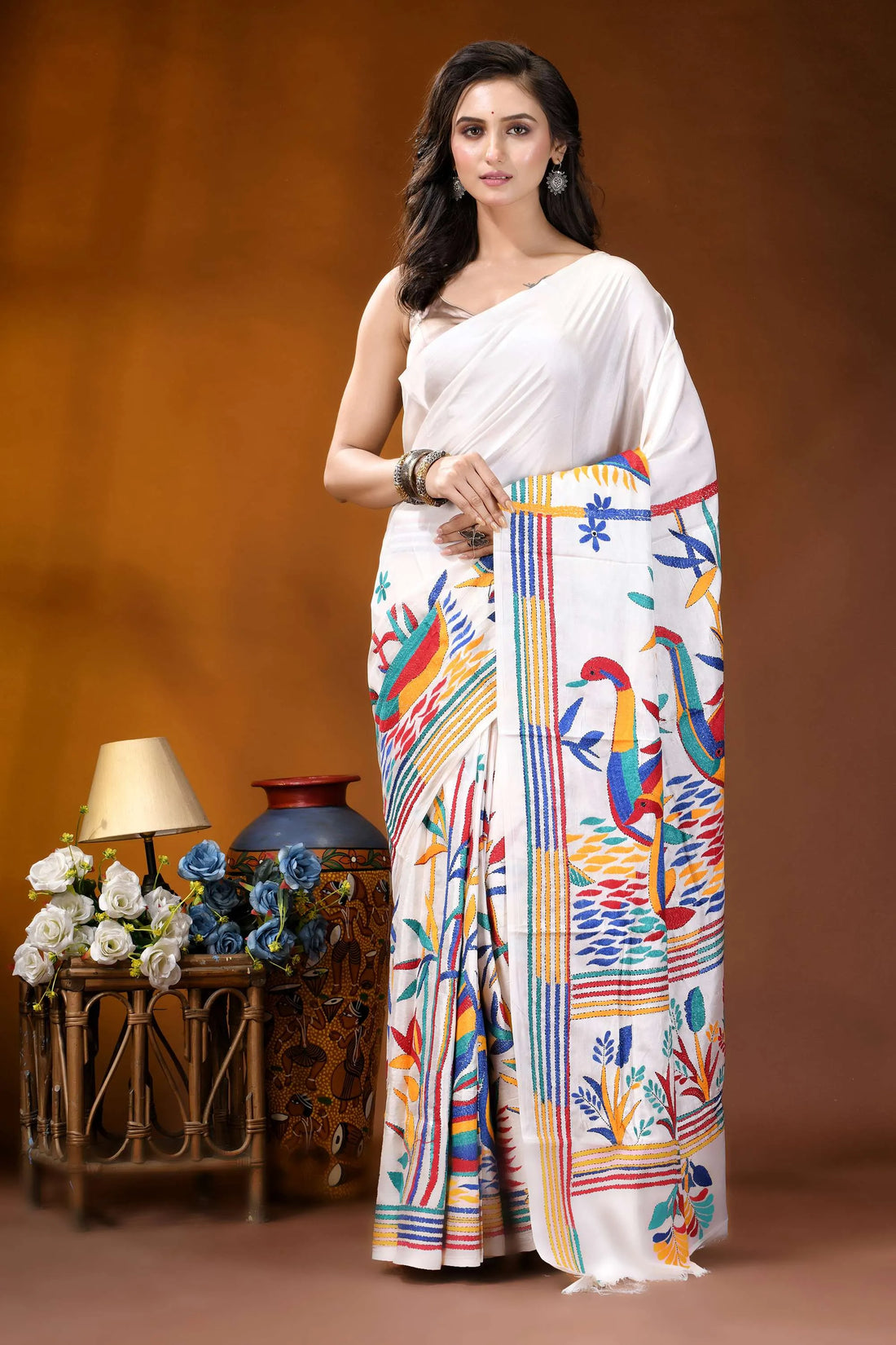 White swan motif multicolor hand embroidered kantha silk saree white saree vibrant colorful embroidered 1