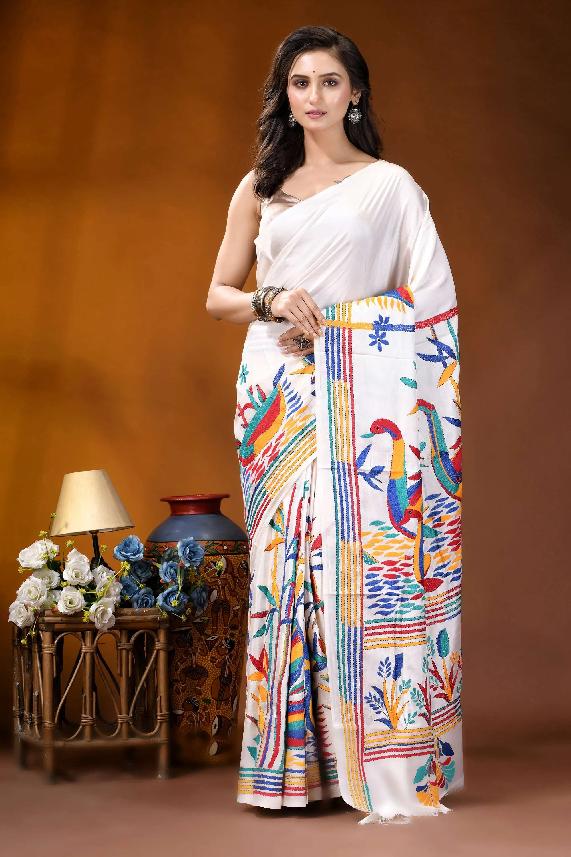 White swan motif multicolor hand embroidered kantha silk saree white saree vibrant colorful embroidered 1