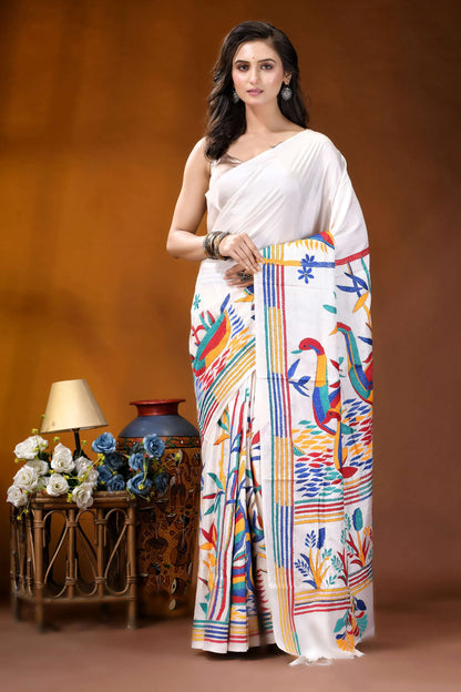 White swan motif multicolor hand embroidered kantha silk saree white saree vibrant colorful embroidered 1